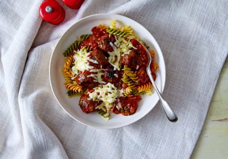 Annabel’s Mighty Meatball Pasta Bake recipe by Annabel Karmel