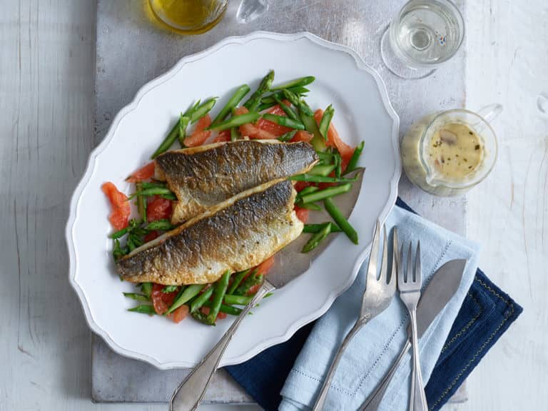 Sea Bass with Spring Vegetables recipe by Annabel Karmel