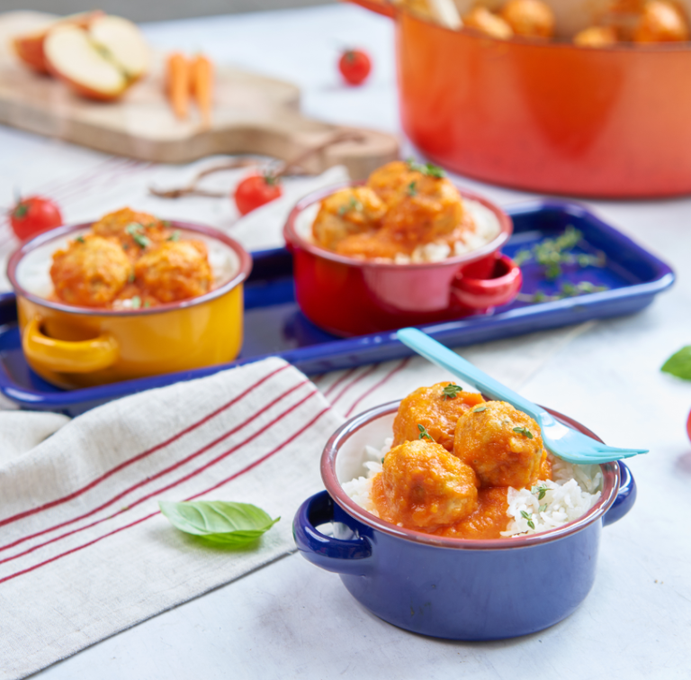 Chicken Balls with Tomato & Carrot Sauce recipe by Annabel Karmel