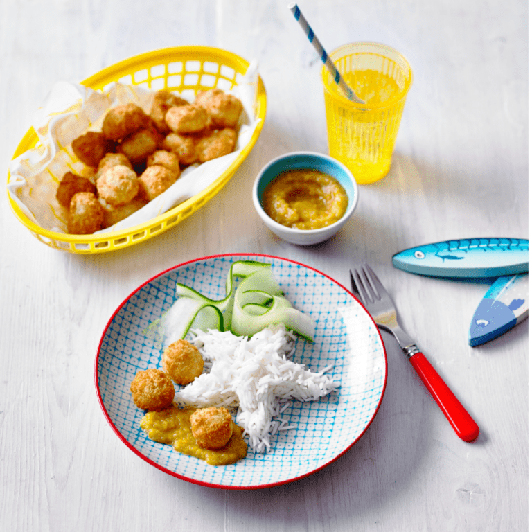 Popcorn Scampi with Fruity Curry Dipping Sauce Recipe by Annabel Karmel