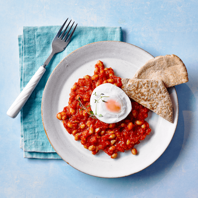 Baked Bean & Poached Egg Pittas recipe by Annabel Karmel