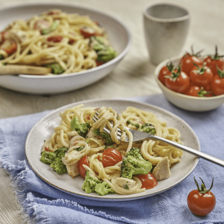 Spaghetti with Piccolo Cherry Tomatoes, Chicken & Broccoli Recipe by Annabel Karmel